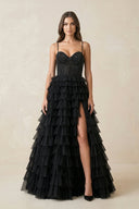 Tiered A - Line Tulle Sweetheart Wedding Dress with Slit in Black - SHE IS ME Wedding Dresses