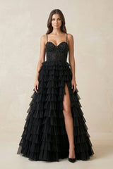 Tiered A - Line Tulle Sweetheart Wedding Dress with Slit in Black - KISS BRIDAL Wedding Dresses