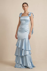 Tiered Maxi Satin Bridesmaid Dress with Bow Straps - KISS BRIDAL Bridesmaid Dresses