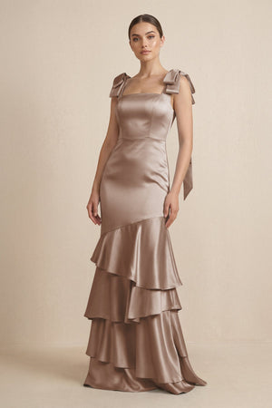 Tiered Maxi Satin Bridesmaid Dress with Bow Straps in Almond - KISS BRIDAL Bridesmaid Dresses