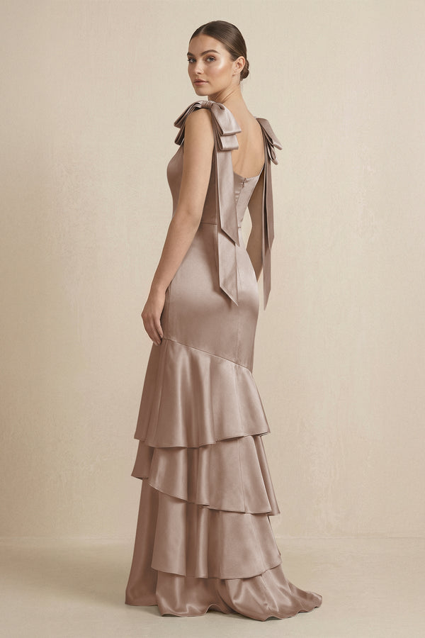 Tiered Maxi Satin Bridesmaid Dress with Bow Straps in Almond - KISS BRIDAL Bridesmaid Dresses