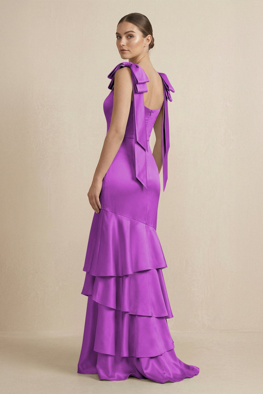 Tiered Maxi Satin Bridesmaid Dress with Bow Straps in Amethyst - KISS BRIDAL Bridesmaid Dresses