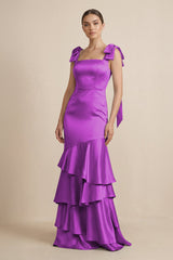 Tiered Maxi Satin Bridesmaid Dress with Bow Straps in Amethyst - KISS BRIDAL Bridesmaid Dresses