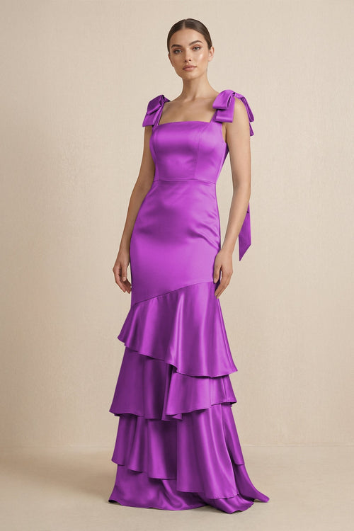 Tiered Maxi Satin Bridesmaid Dress with Bow Straps in Amethyst - KISS BRIDAL Bridesmaid Dresses