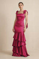 Tiered Maxi Satin Bridesmaid Dress with Bow Straps in Berry - KISS BRIDAL Bridesmaid Dresses