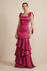 Tiered Maxi Satin Bridesmaid Dress with Bow Straps in Berry - KISS BRIDAL Bridesmaid Dresses