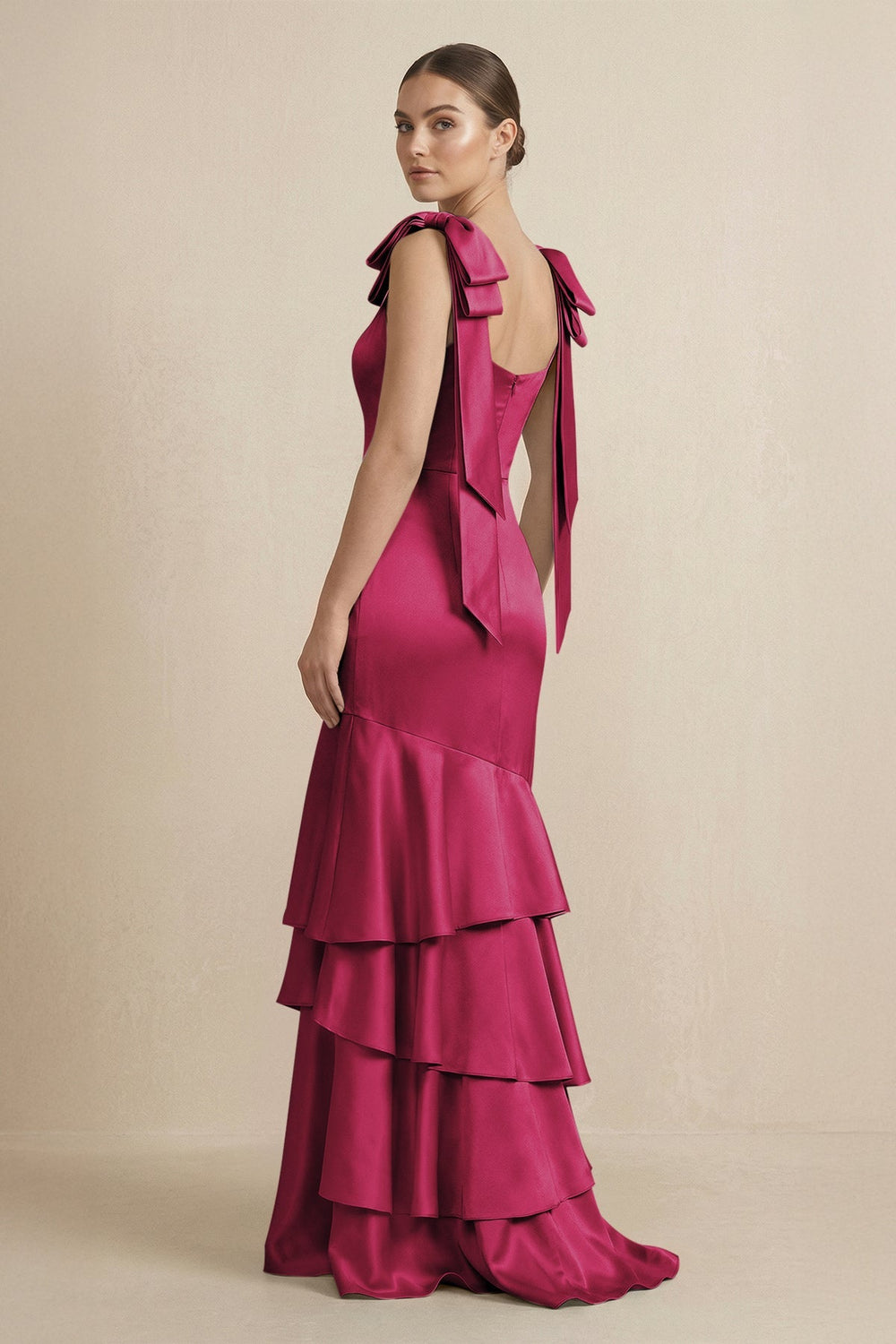 Tiered Maxi Satin Bridesmaid Dress with Bow Straps in Berry - KISS BRIDAL Bridesmaid Dresses