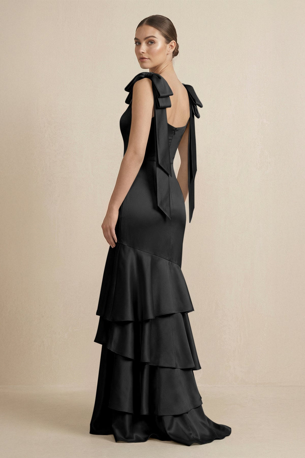 Tiered Maxi Satin Bridesmaid Dress with Bow Straps in Black - KISS BRIDAL Bridesmaid Dresses