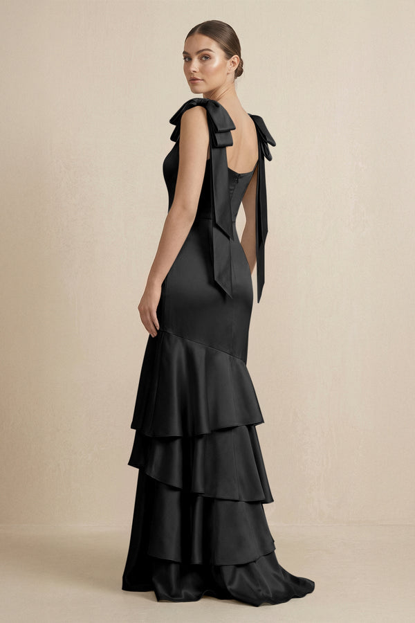Tiered Maxi Satin Bridesmaid Dress with Bow Straps in Black - KISS BRIDAL Bridesmaid Dresses