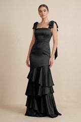 Tiered Maxi Satin Bridesmaid Dress with Bow Straps in Black - KISS BRIDAL Bridesmaid Dresses