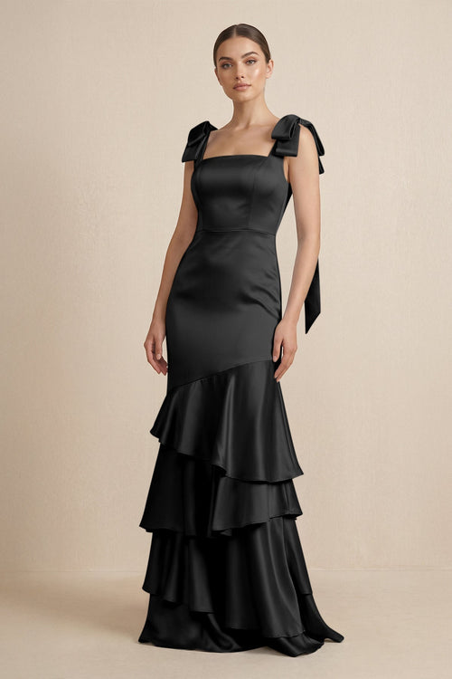 Tiered Maxi Satin Bridesmaid Dress with Bow Straps in Black - KISS BRIDAL Bridesmaid Dresses