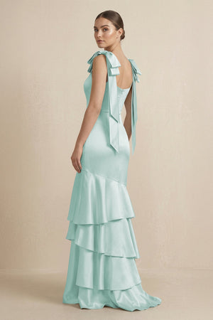Tiered Maxi Satin Bridesmaid Dress with Bow Straps in Bleached Aqua - KISS BRIDAL Bridesmaid Dresses