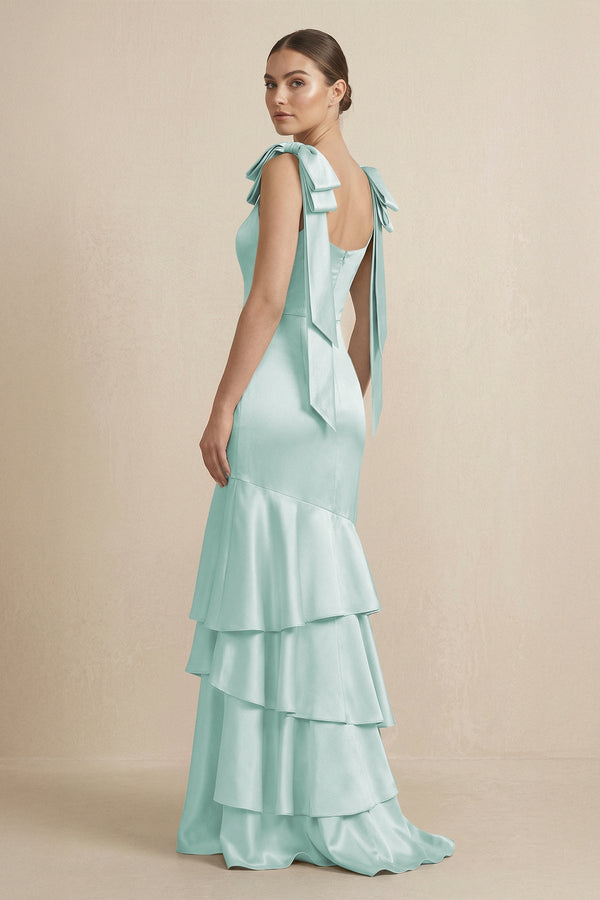 Tiered Maxi Satin Bridesmaid Dress with Bow Straps in Bleached Aqua - KISS BRIDAL Bridesmaid Dresses