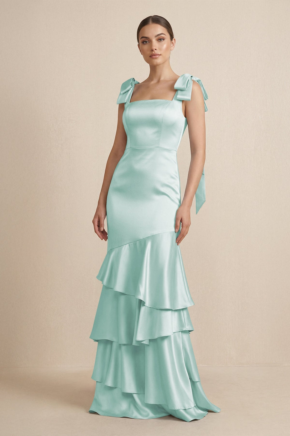 Tiered Maxi Satin Bridesmaid Dress with Bow Straps in Bleached Aqua - KISS BRIDAL Bridesmaid Dresses