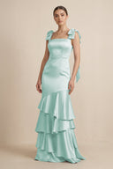 Tiered Maxi Satin Bridesmaid Dress with Bow Straps in Bleached Aqua - KISS BRIDAL Bridesmaid Dresses