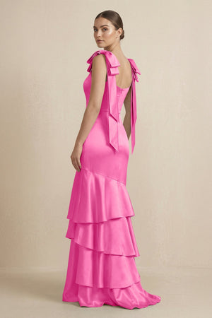 Tiered Maxi Satin Bridesmaid Dress with Bow Straps in Bon Bon Pink - KISS BRIDAL Bridesmaid Dresses