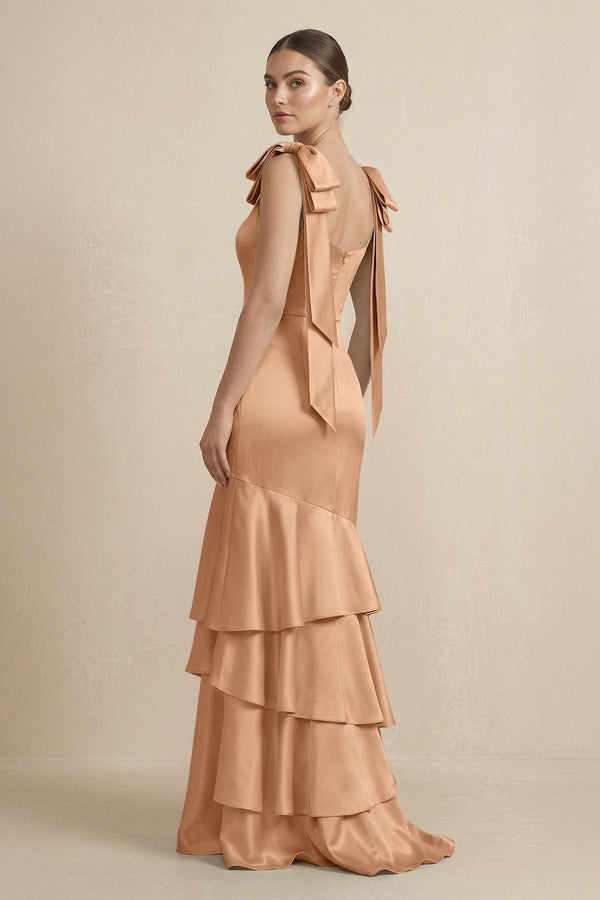 Tiered Maxi Satin Bridesmaid Dress with Bow Straps in Bronzer - KISS BRIDAL Bridesmaid Dresses