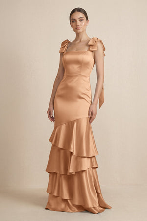 Tiered Maxi Satin Bridesmaid Dress with Bow Straps in Bronzer - KISS BRIDAL Bridesmaid Dresses