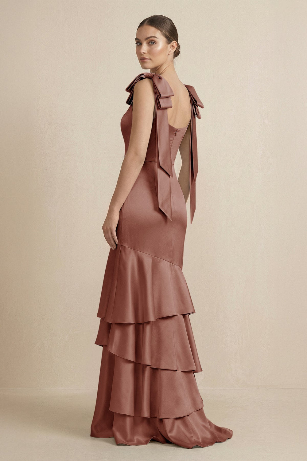 Tiered Maxi Satin Bridesmaid Dress with Bow Straps in Brown - KISS BRIDAL Bridesmaid Dresses