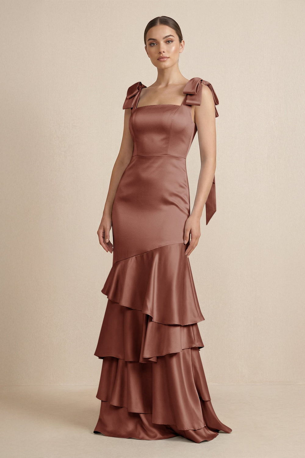 Tiered Maxi Satin Bridesmaid Dress with Bow Straps in Brown - KISS BRIDAL Bridesmaid Dresses