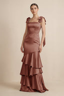 Tiered Maxi Satin Bridesmaid Dress with Bow Straps in Brown - KISS BRIDAL Bridesmaid Dresses