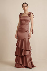 Tiered Maxi Satin Bridesmaid Dress with Bow Straps in Brown - KISS BRIDAL Bridesmaid Dresses
