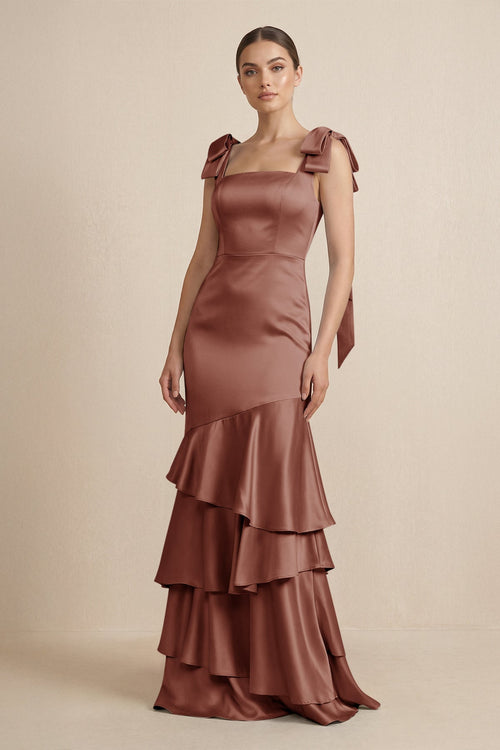 Tiered Maxi Satin Bridesmaid Dress with Bow Straps in Brown - KISS BRIDAL Bridesmaid Dresses