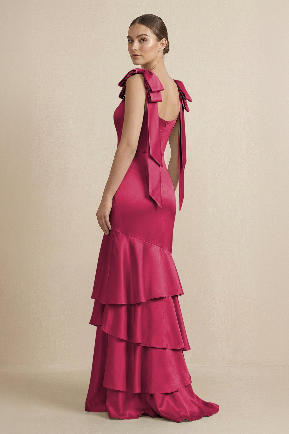 Tiered Maxi Satin Bridesmaid Dress with Bow Straps in Burgundy - KISS BRIDAL Bridesmaid Dresses
