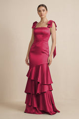 Tiered Maxi Satin Bridesmaid Dress with Bow Straps in Burgundy - KISS BRIDAL Bridesmaid Dresses