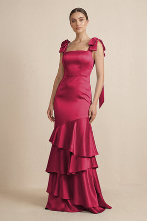 Tiered Maxi Satin Bridesmaid Dress with Bow Straps in Burgundy - KISS BRIDAL Bridesmaid Dresses