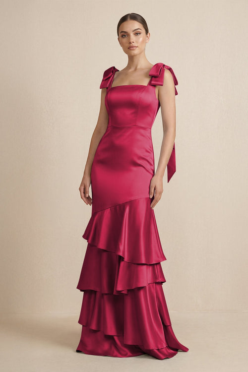 Tiered Maxi Satin Bridesmaid Dress with Bow Straps in Burgundy - KISS BRIDAL Bridesmaid Dresses