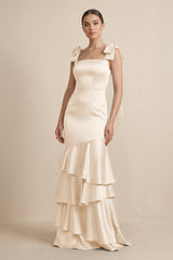 Tiered Maxi Satin Bridesmaid Dress with Bow Straps in Buttercream - KISS BRIDAL Bridesmaid Dresses