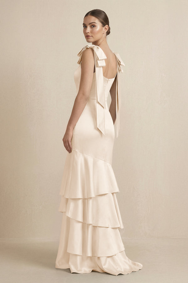 Tiered Maxi Satin Bridesmaid Dress with Bow Straps in Buttercream - KISS BRIDAL Bridesmaid Dresses