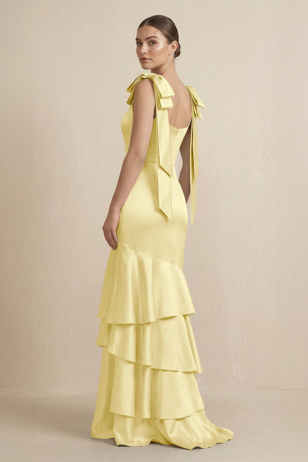 Tiered Maxi Satin Bridesmaid Dress with Bow Straps in Buttercup - KISS BRIDAL Bridesmaid Dresses