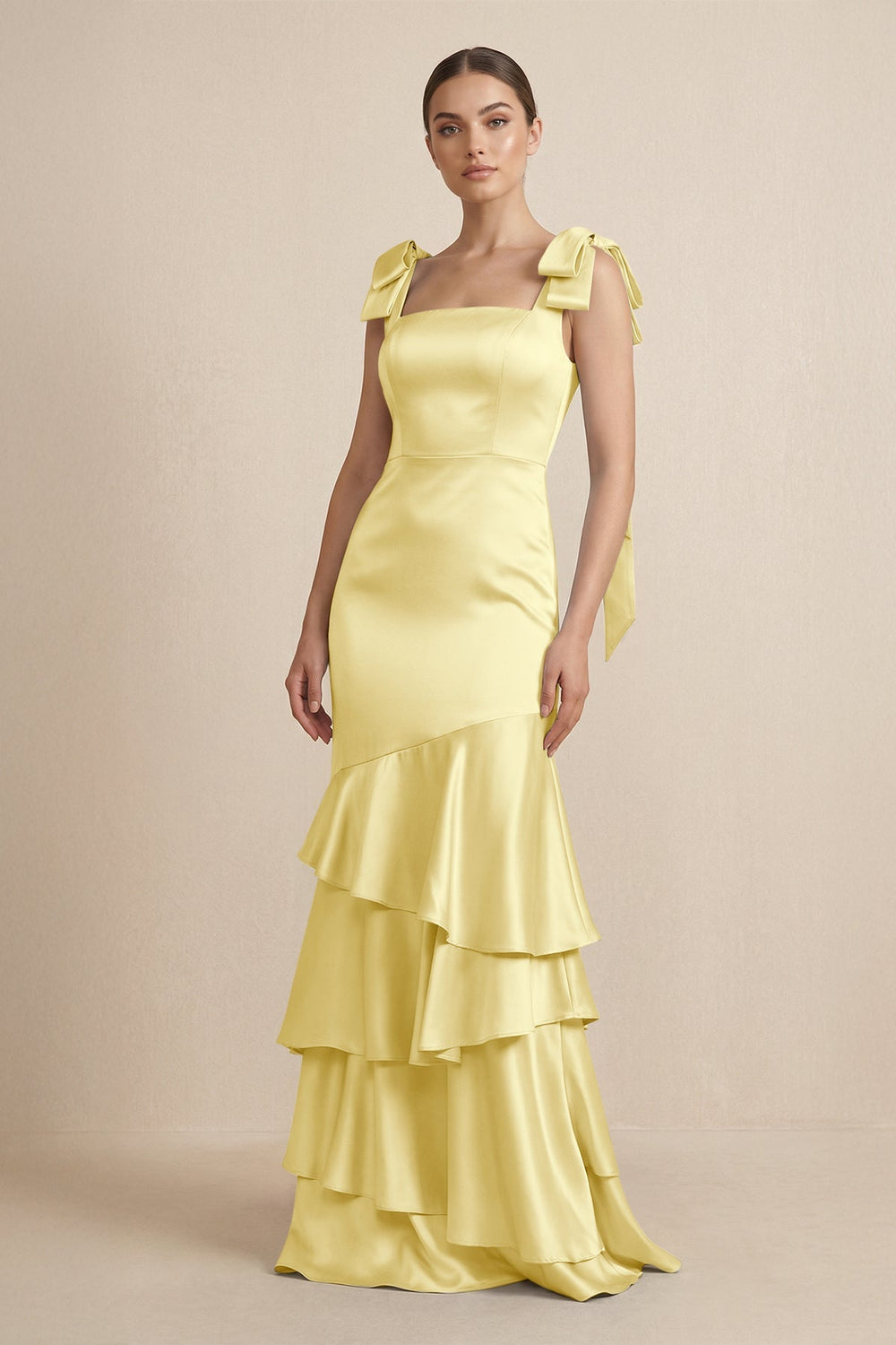 Tiered Maxi Satin Bridesmaid Dress with Bow Straps in Buttercup - KISS BRIDAL Bridesmaid Dresses