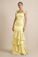 Tiered Maxi Satin Bridesmaid Dress with Bow Straps in Buttercup - KISS BRIDAL Bridesmaid Dresses