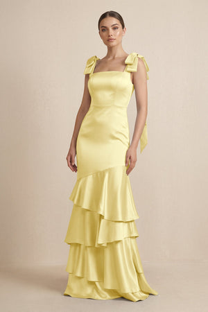 Tiered Maxi Satin Bridesmaid Dress with Bow Straps in Buttercup - KISS BRIDAL Bridesmaid Dresses