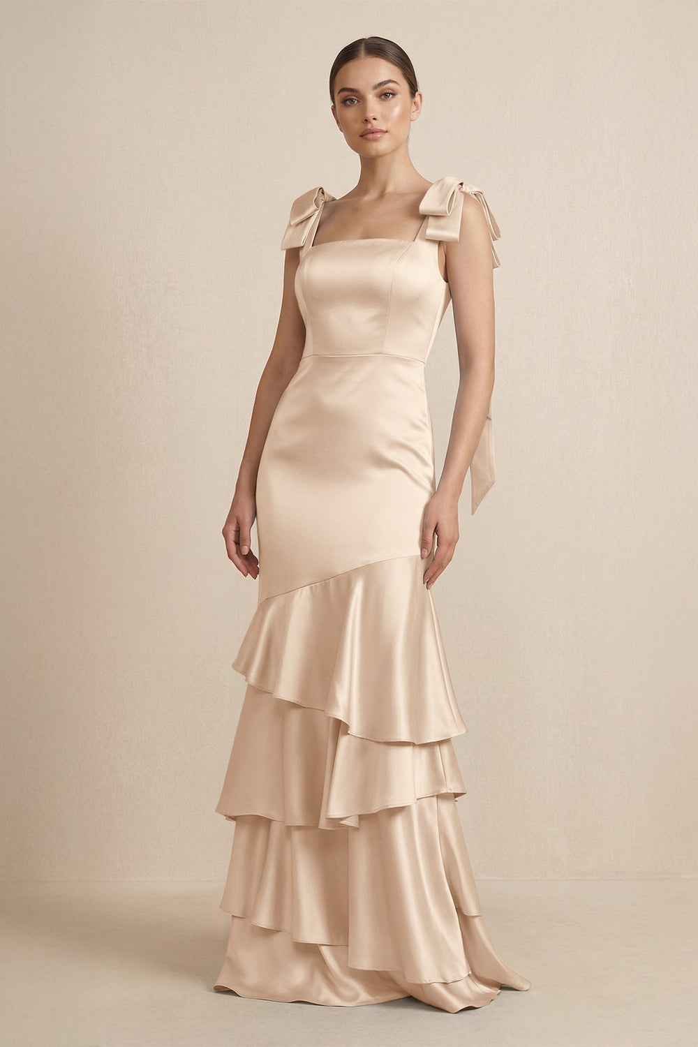 Tiered Maxi Satin Bridesmaid Dress with Bow Straps in Champagne - KISS BRIDAL Bridesmaid Dresses
