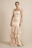 Tiered Maxi Satin Bridesmaid Dress with Bow Straps in Champagne - KISS BRIDAL Bridesmaid Dresses