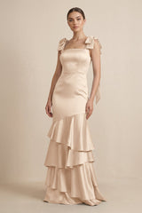Tiered Maxi Satin Bridesmaid Dress with Bow Straps in Champagne - KISS BRIDAL Bridesmaid Dresses