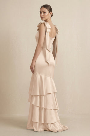 Tiered Maxi Satin Bridesmaid Dress with Bow Straps in Champagne - KISS BRIDAL Bridesmaid Dresses