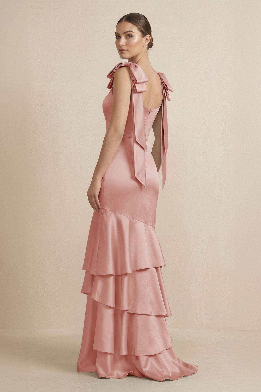 Tiered Maxi Satin Bridesmaid Dress with Bow Straps in Champagne Rose - KISS BRIDAL Bridesmaid Dresses
