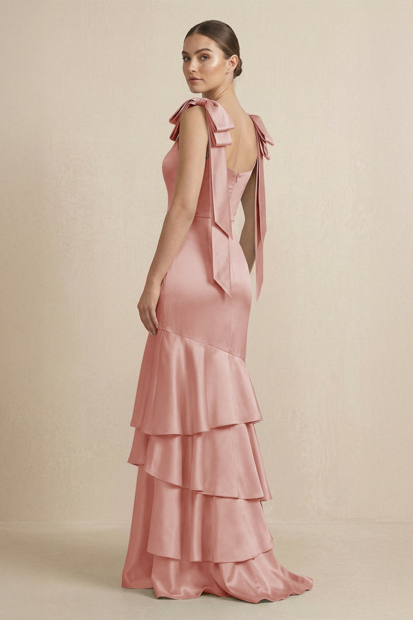 Tiered Maxi Satin Bridesmaid Dress with Bow Straps in Champagne Rose - KISS BRIDAL Bridesmaid Dresses
