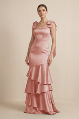 Tiered Maxi Satin Bridesmaid Dress with Bow Straps in Champagne Rose - KISS BRIDAL Bridesmaid Dresses