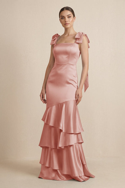 Tiered Maxi Satin Bridesmaid Dress with Bow Straps in Champagne Rose - KISS BRIDAL Bridesmaid Dresses