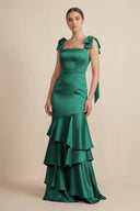 Tiered Maxi Satin Bridesmaid Dress with Bow Straps in Dark Green - KISS BRIDAL Bridesmaid Dresses