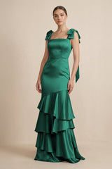 Tiered Maxi Satin Bridesmaid Dress with Bow Straps in Dark Green - KISS BRIDAL Bridesmaid Dresses