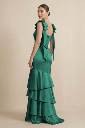 Tiered Maxi Satin Bridesmaid Dress with Bow Straps in Dark Green - KISS BRIDAL Bridesmaid Dresses