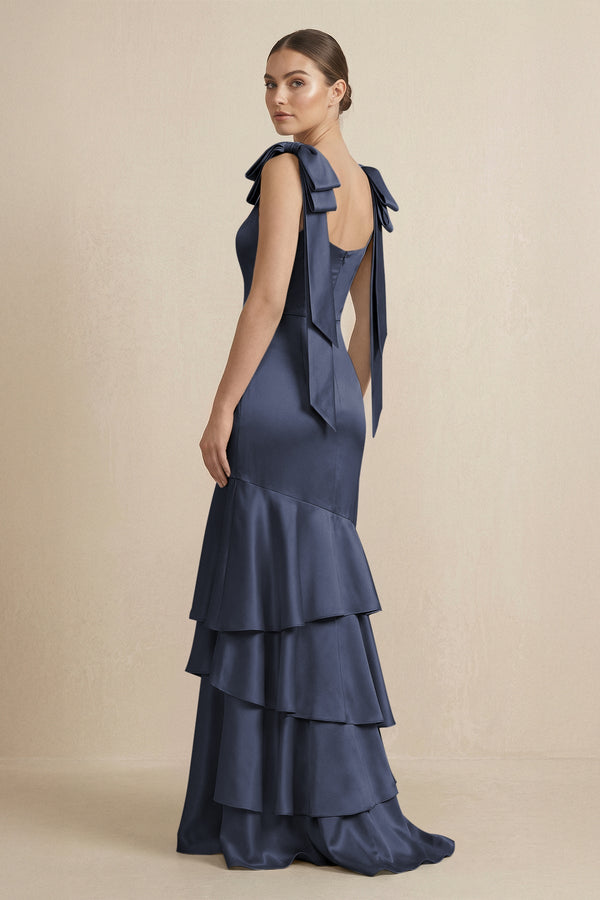 Tiered Maxi Satin Bridesmaid Dress with Bow Straps in Dark Navy - KISS BRIDAL Bridesmaid Dresses