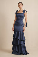 Tiered Maxi Satin Bridesmaid Dress with Bow Straps in Dark Navy - KISS BRIDAL Bridesmaid Dresses